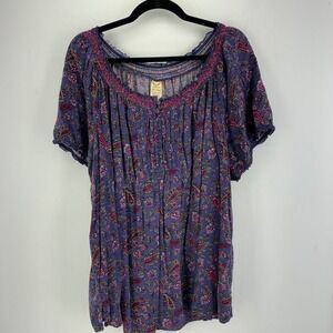 Faded Glory Womens 3X Purple Floral Paisley Boho Smocked Peasant Blouse Top